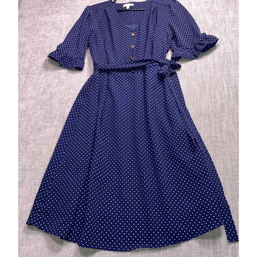 Monteau Los Angeles Womens 1X Blue Polka Dot V-Neck A-Line Belted Midi Dress